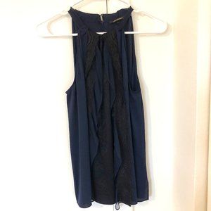 Kobi Halperin Blue Silk/Black Lace Ruffled Halter Neck Blouse  Sz S